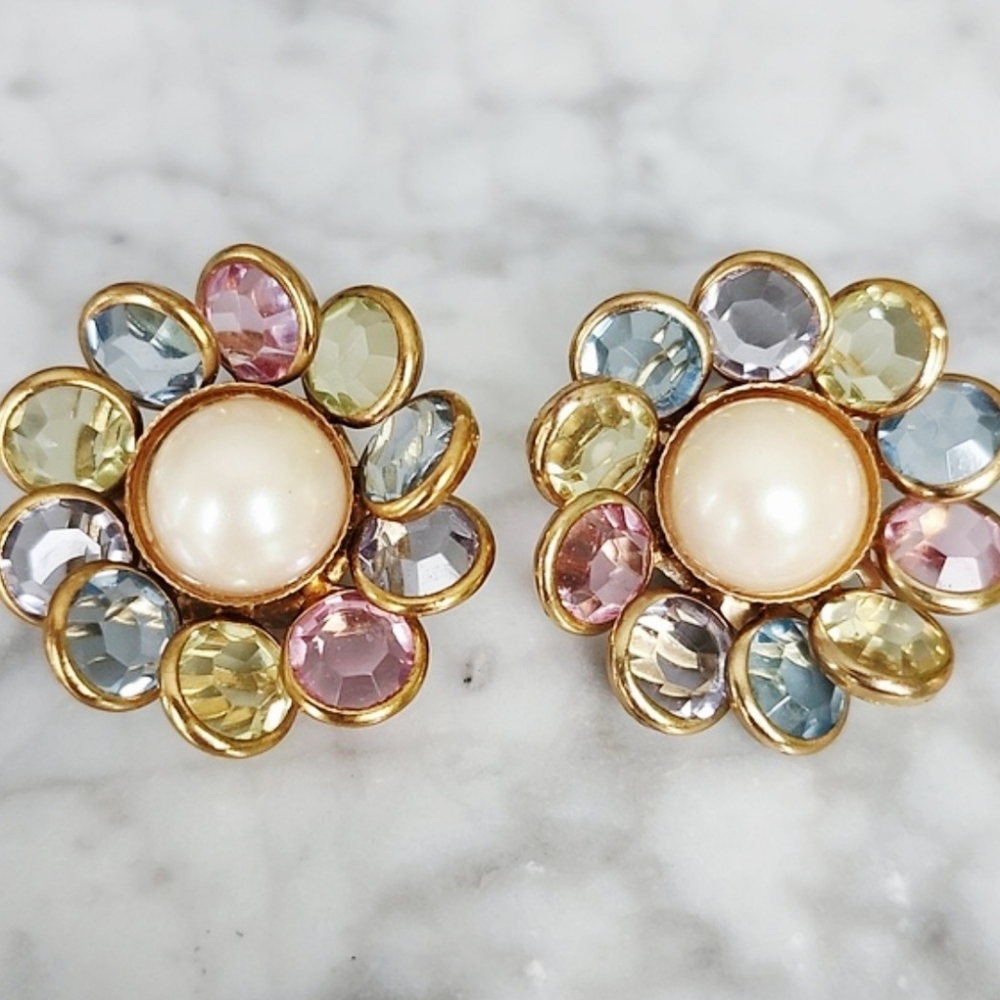 🌼 Vintage multicolour flower clip earrings